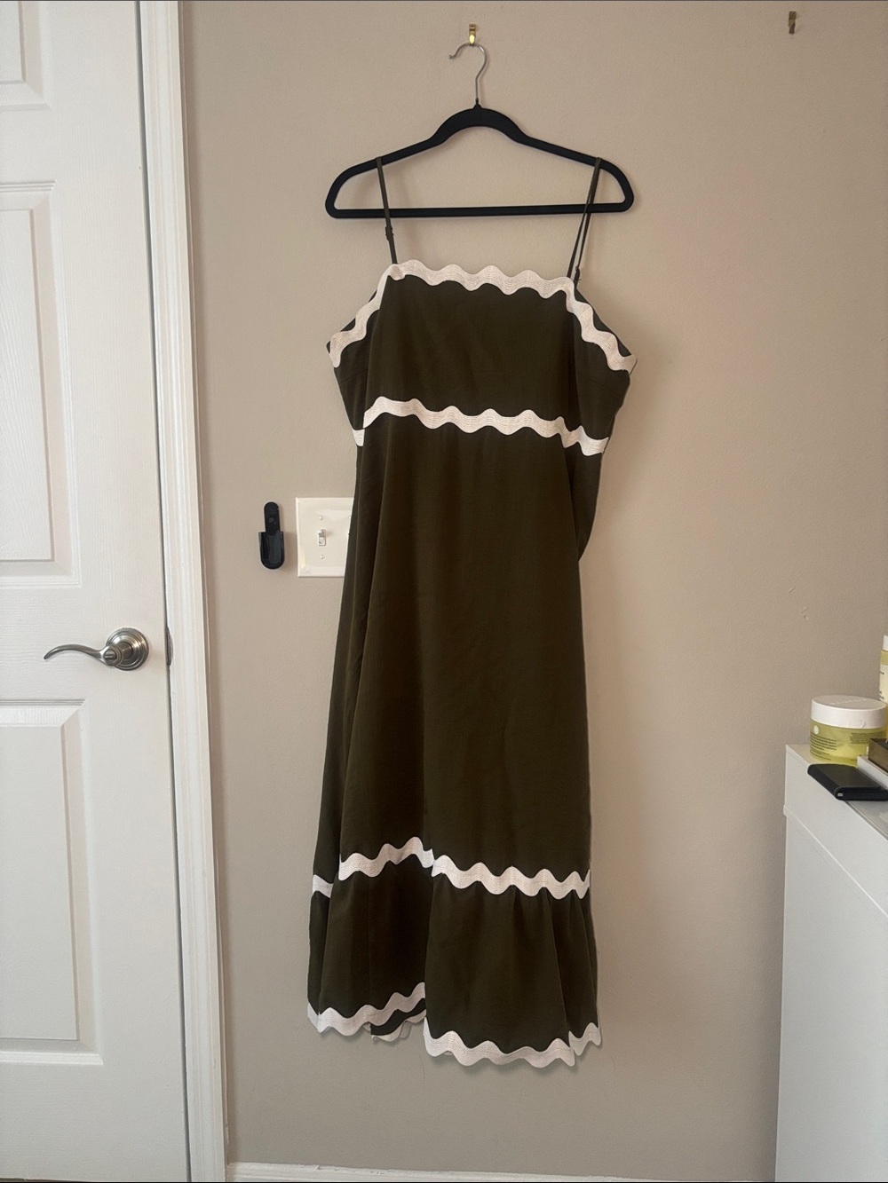 Olive Green Midi Dress with White Scalloped Trim